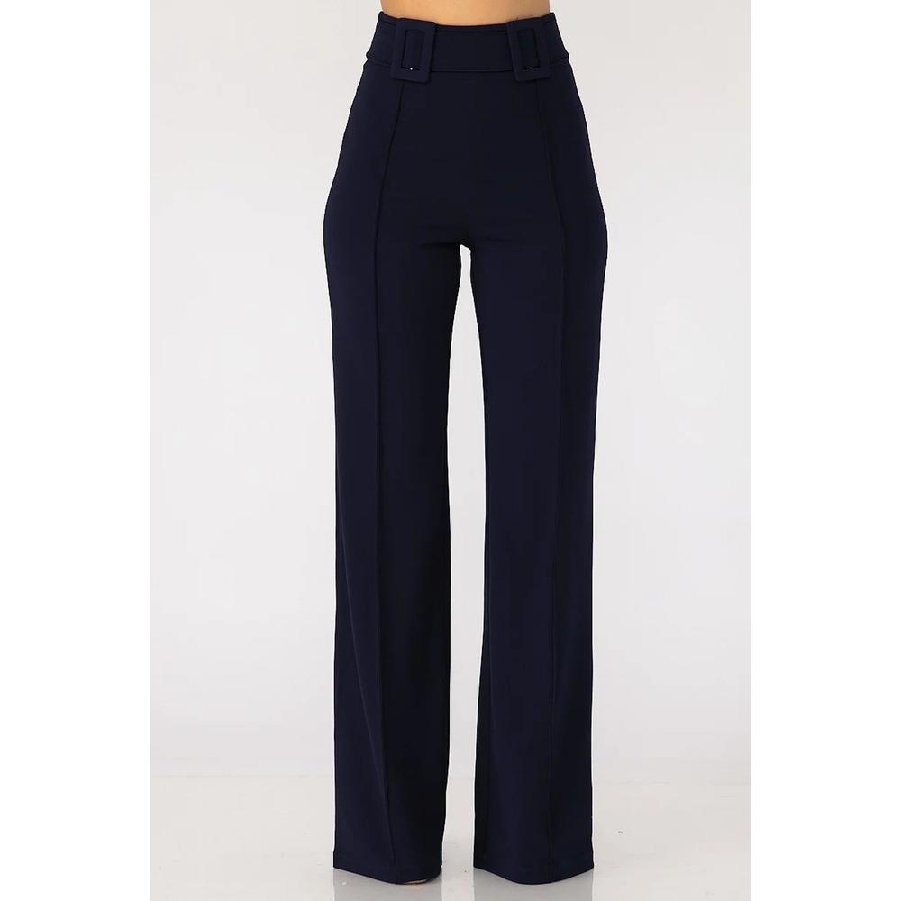 High Waist Pants With Self Fabric Buckle Detail On The Waist - Picture 1 of 4